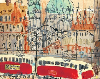 PRAGUE ART PRINT, Czech Republic Painting, 8x10 Tram Drawing, Prague Wall Art, Watercolor Sketch, Old Town Prague, Red Tram Giclee Print