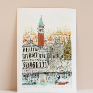 CAMPANILE VENICE ITALY Print, Signed Giclée Print, Watercolor Painting, Clare Caulfield, Venice Wall Art, Piazza San Marco, St Marks Drawing image 3