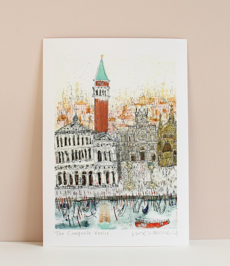 CAMPANILE VENICE ITALY Print, Signed Giclée Print, Watercolor Painting, Clare Caulfield, Venice Wall Art, Piazza San Marco, St Marks Drawing image 3