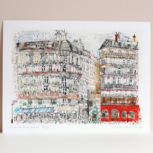 May include: A watercolor illustration of a Parisian street scene featuring the Cafe de Flore. The cafe is depicted with a blue awning and a sign that reads "Cafe de Flore". The illustration is in a sketchy style with a lot of detail.