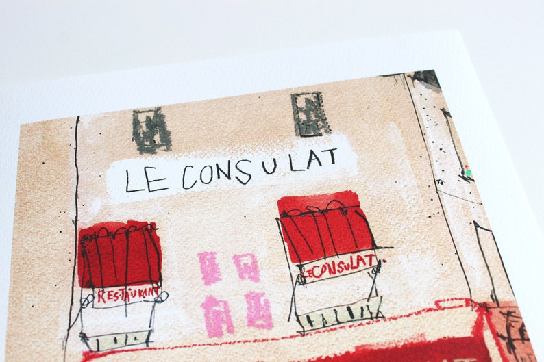 May include: A hand-drawn illustration of a building with the text "LE CONSULAT" above two windows. The windows have red awnings and the text "RESTAURANT" and "CONSULAT" are written on them. The building is painted in shades of brown, red, and pink.
