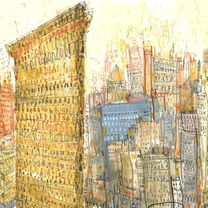 May include: A watercolor painting of a city skyline with tall buildings, some with windows and others with brick facades. The buildings are painted in shades of yellow, brown, and gray, with some hints of red and blue. The painting has a whimsical and abstract style.
