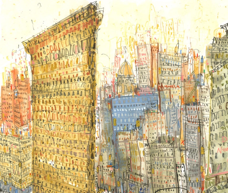 May include: A watercolor painting of a city skyline with tall buildings, some with windows and others with brick facades. The buildings are painted in shades of yellow, brown, and gray, with some hints of red and blue. The painting has a whimsical and abstract style.