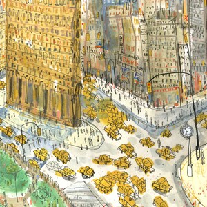 May include: A watercolor painting of a busy city street scene with yellow cabs, pedestrians, and buildings. The painting features a tall building with many windows and a clock tower. The street is lined with trees and there is a sign that says "No Parking".
