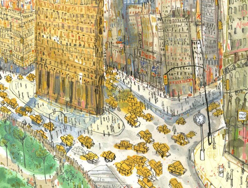 May include: A watercolor painting of a busy city street scene with yellow cabs, pedestrians, and buildings. The painting features a tall building with many windows and a clock tower. The street is lined with trees and there is a sign that says "No Parking".