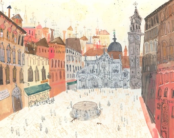 May include: Watercolor painting of a square in Venice, Italy. The square is surrounded by buildings with red tile roofs. There is a large church in the center of the square. The painting is done in a loose, impressionistic style.