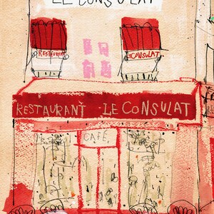 PARIS ART PRINT, Le Consulat, French Restaurant Sketch, Red Parisian Café, Watercolour Painting, Montmartre Picture, Mixed-Media Drawing image 4
