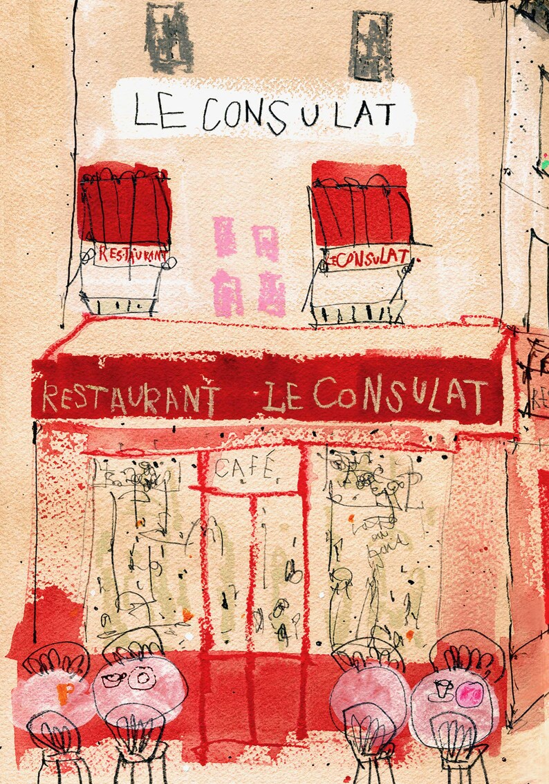PARIS ART PRINT, Le Consulat, French Restaurant Sketch, Red Parisian Café, Watercolour Painting, Montmartre Picture, Mixed-Media Drawing image 4