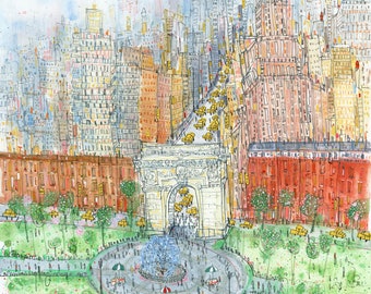 WASHINGTON SQUARE NY, New York Park Art Print, Brownstone Sketch, Greenwich Village, Manhattan Picture, Watercolor Painting, Yellow Taxis