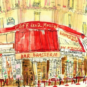 May include: A watercolour painting of a Parisian cafe called "Cafe des 2 Moulins" with red awnings, a red and white striped awning, and a sign that says "Bar Brasserie". The cafe has a red brick facade and is located on a street corner.