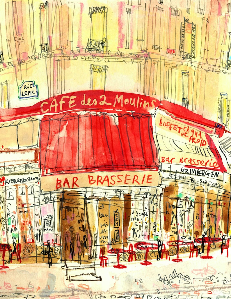 May include: A watercolour painting of a Parisian cafe called "Cafe des 2 Moulins" with red awnings, a red and white striped awning, and a sign that says "Bar Brasserie". The cafe has a red brick facade and is located on a street corner.