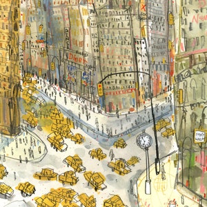 May include: A watercolor painting of a busy city intersection with yellow cabs, a clock tower, and buildings in the background. The painting has a whimsical style with a lot of detail.