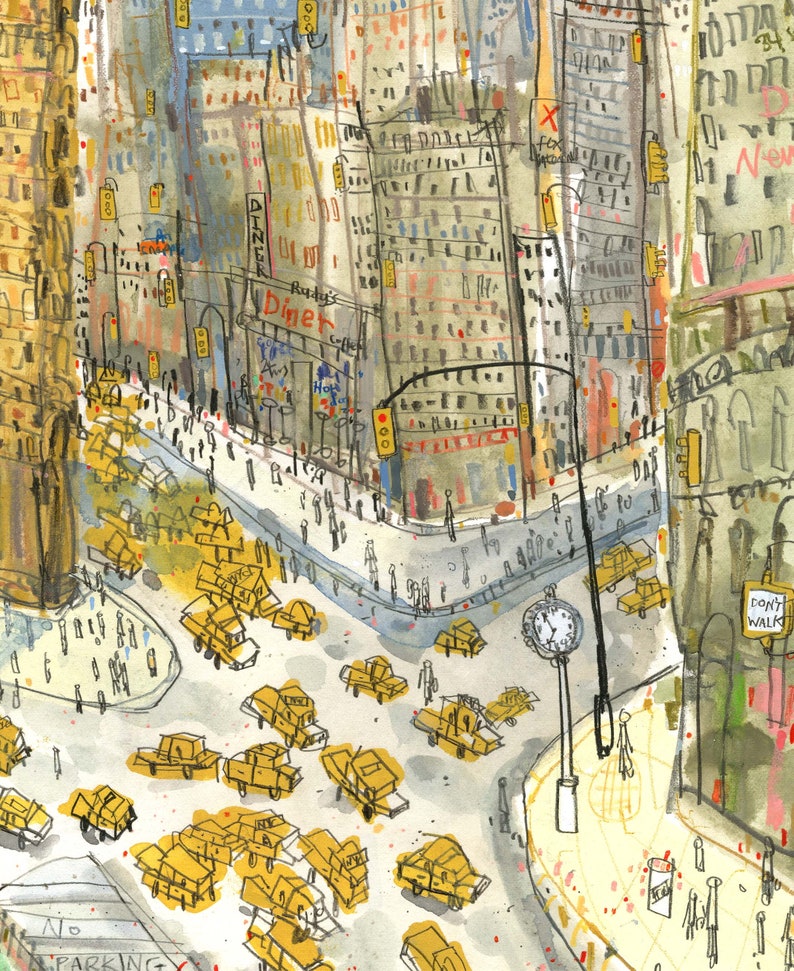 May include: A watercolor painting of a busy city intersection with yellow cabs, a clock tower, and buildings in the background. The painting has a whimsical style with a lot of detail.