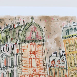 May include: Watercolor painting of a city skyline with multiple buildings. The buildings are drawn in a whimsical style with a mix of orange, yellow, green, and brown colors.