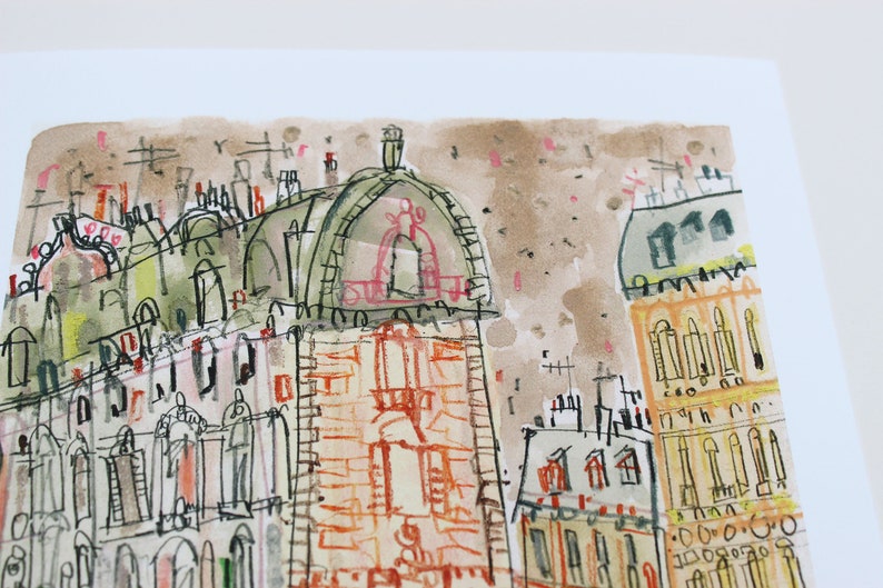 May include: Watercolor painting of a city skyline with multiple buildings. The buildings are drawn in a whimsical style with a mix of orange, yellow, green, and brown colors.