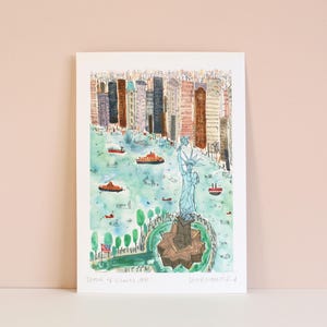 STATUE OF LIBERTY New York Print, Signed Giclee, New York Watercolor Painting, East River Ferry, Nyc City Skyline
