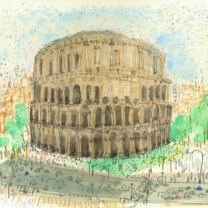 May include: Watercolor illustration of the Colosseum in Rome, Italy. The artwork depicts the ancient amphitheater in a loose, expressive style, with a bustling street scene in the foreground and a blue sky dotted with birds.