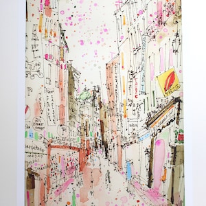 LARGE PARIS PRINT, Parisian Street, Signed Giclee Print, French City Scene, Signed Giclee Print, Watercolor Painting, City Street Drawing