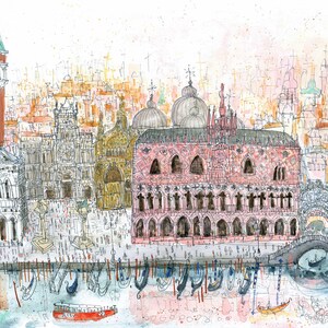 May include: A watercolor painting of a cityscape with a tall red tower, a large building with arches, and a bridge over a canal. The painting is done in a loose, impressionistic style with a lot of detail in the buildings and the water.