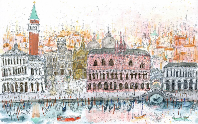May include: A watercolor painting of a cityscape with a tall red tower, a large building with arches, and a bridge over a canal. The painting is done in a loose, impressionistic style with a lot of detail in the buildings and the water.