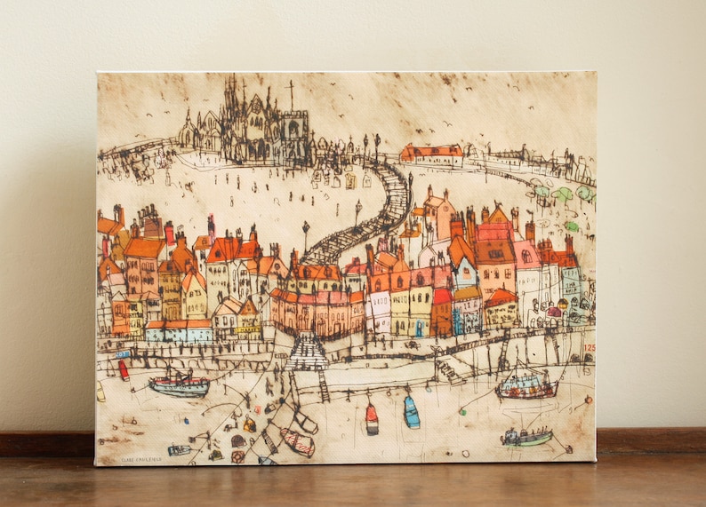 WHITBY CANVAS PRINT, Stretched Canvas Art, North Yorkshire Coast, shops Whitby Abbey View, Clare Caulfield, Giclee Box Canvas, Fishing Boat Houses