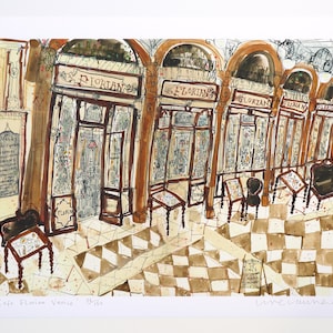 Puede incluir: Una pintura de acuarela del interior de una cafeter&iacute;a en Venecia, Italia. La cafeter&iacute;a se llama "Florian" y tiene un suelo de ajedrez. La pintura est&aacute; firmada "Line Cranmer".