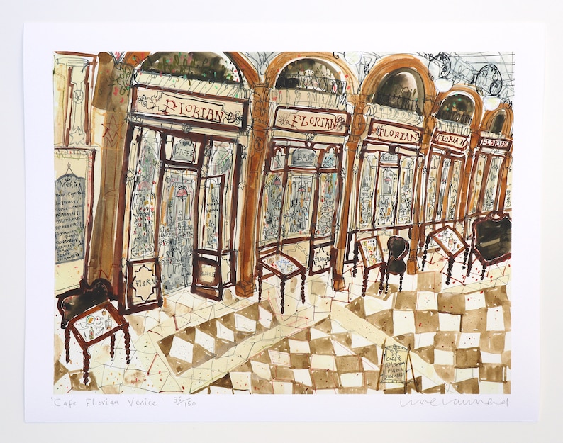 Puede incluir: Una pintura de acuarela del interior de una cafeter&iacute;a en Venecia, Italia. La cafeter&iacute;a se llama "Florian" y tiene un suelo de ajedrez. La pintura est&aacute; firmada "Line Cranmer".
