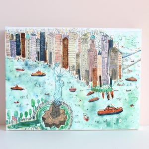 STATUE of LIBERTY New York Canvas, Manhattan Drawing, Watercolor Painting, Usa Wall Art, Skyline NYC Sketch, Staten Island Ferry Picture