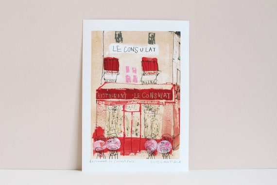 PARIS ART PRINT, Le Consulat, French Restaurant Sketch, Red Parisian Café, Watercolour Painting, Montmartre Picture, Mixed-Media Drawing
