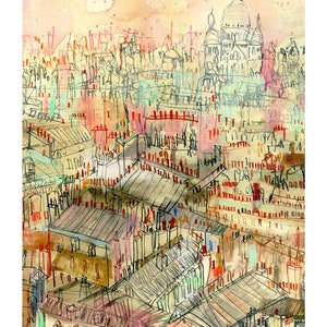 PARIS SKYLINE ART, French City Print, 11 x 14 Paris Wall Decor, Paris Roof Tops, Sacre Coeur Drawing, Sketch, Paris City Painting Rooftops image 2