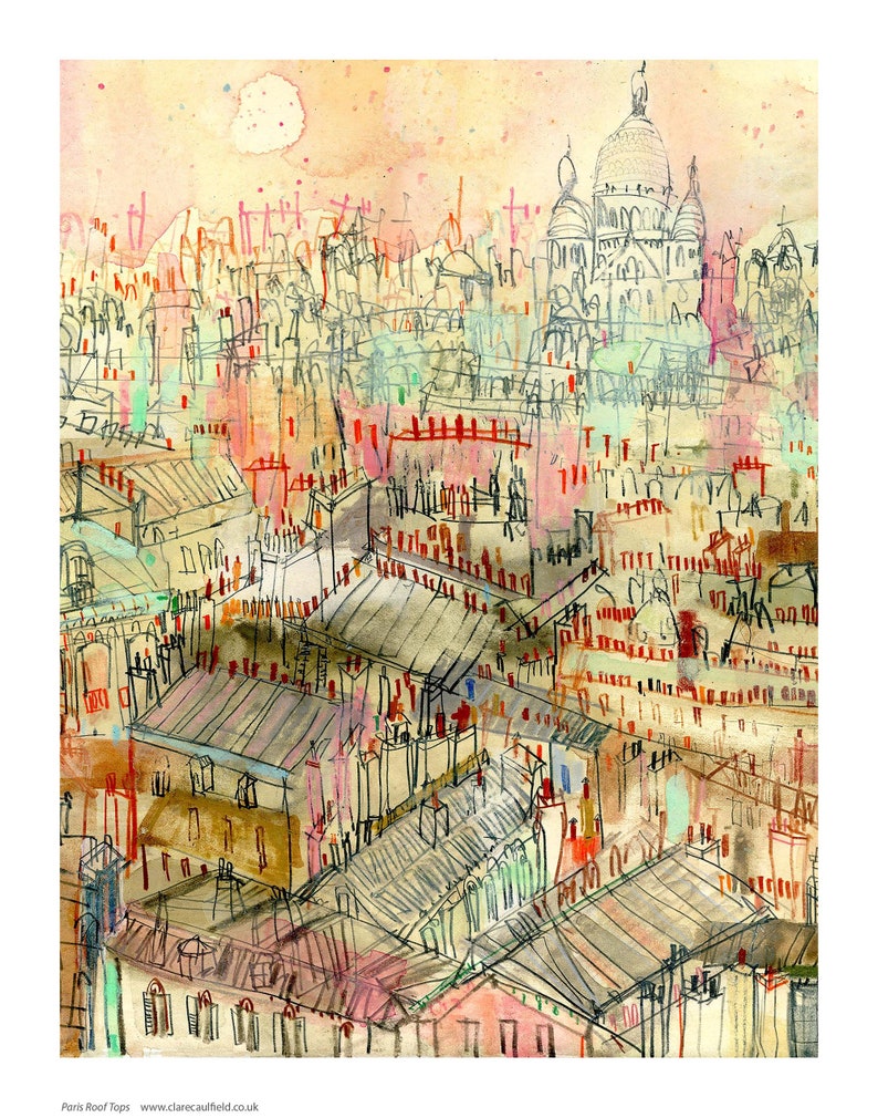 PARIS SKYLINE ART, French City Print, 11 x 14 Paris Wall Decor, Paris Roof Tops, Sacre Coeur Drawing, Sketch, Paris City Painting Rooftops image 2