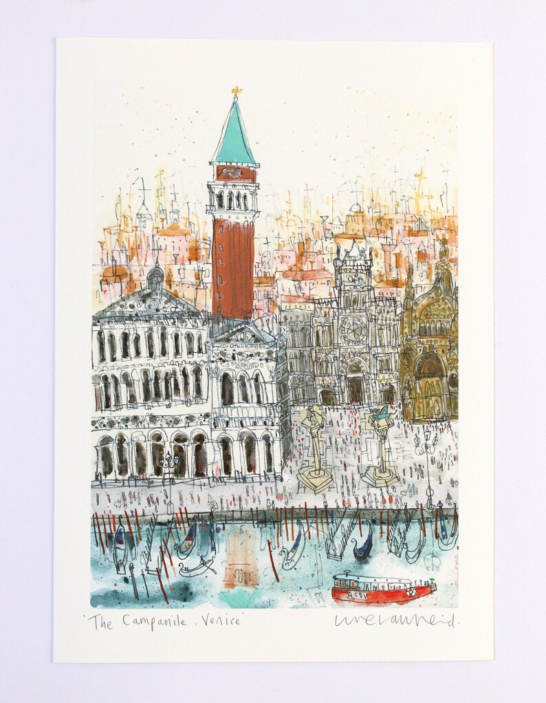 CAMPANILE VENICE ITALY Print, Signed Giclée Print, Watercolor Painting, Clare Caulfield, Venice Wall Art, Piazza San Marco, St Marks Drawing image 5