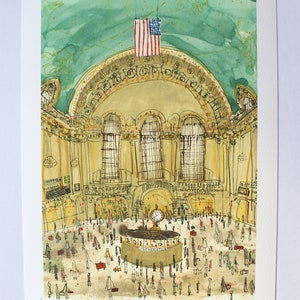 May include: A watercolor painting of Grand Central Station in New York City. The painting shows the interior of the station, with a large clock in the center and many people walking around. The ceiling is painted green and has an American flag hanging from it. The text "Grand Central Station New York" and "Love Lauren Reid" are written at the bottom of the painting.