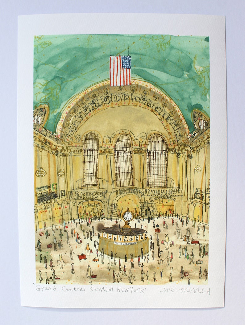May include: A watercolor painting of Grand Central Station in New York City. The painting shows the interior of the station, with a large clock in the center and many people walking around. The ceiling is painted green and has an American flag hanging from it. The text "Grand Central Station New York" and "Love Lauren Reid" are written at the bottom of the painting.