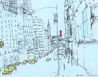 New York Canvas, E56th St Wall Art, Manhattan Painting, New York City Street, Wall Art, Skyscraper Drawing, Yellow Taxi cabs, East Midtown
