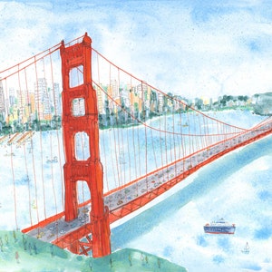 May include: A watercolor illustration of the Golden Gate Bridge in San Francisco, featuring its iconic orange-red towers and suspension cables spanning across a blue bay with various boats, a distant city skyline, and green hills.