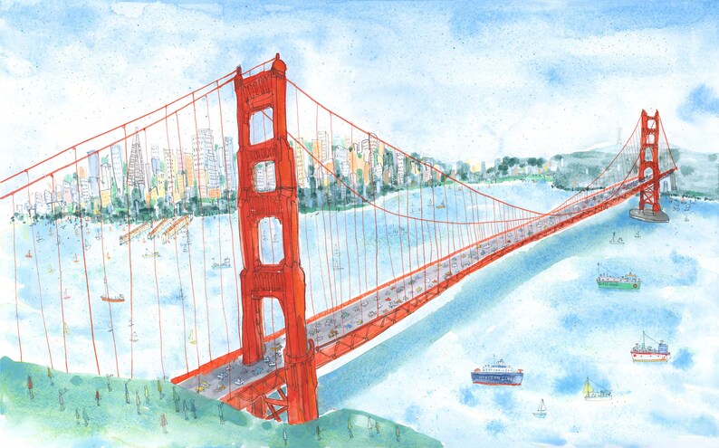 May include: A watercolor illustration of the Golden Gate Bridge in San Francisco, featuring its iconic orange-red towers and suspension cables spanning across a blue bay with various boats, a distant city skyline, and green hills.