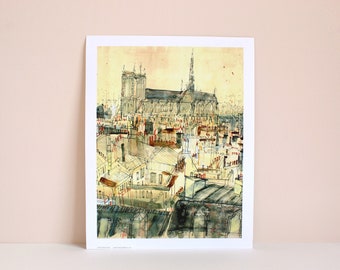 NOTRE DAME PARIS, City Art Print, 11x14 Home Decor, Cathedral Sketch, France Drawing, Parisian Rooftops, City Painting, Architecture Travel