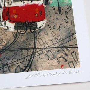 May include: A close-up of a red and white tram with the text "každ&yacute; den" on the side. The tram is on a set of tracks with a gray and white background. The image is signed "umelaumeid."