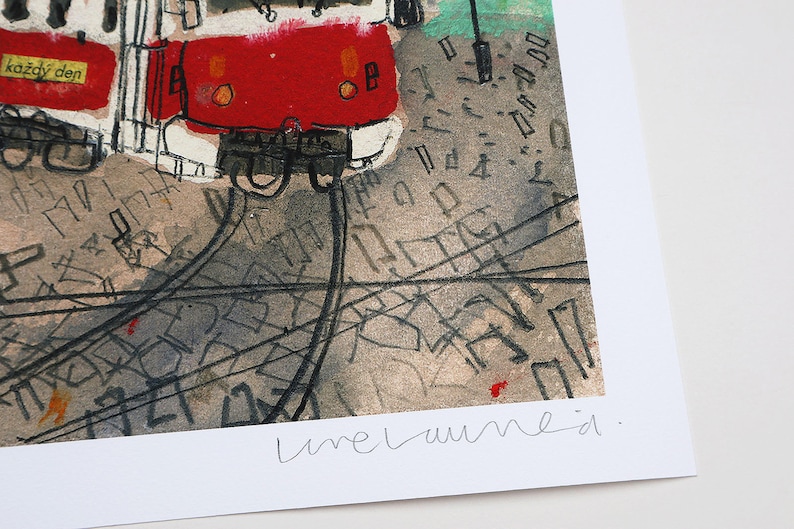 May include: A close-up of a red and white tram with the text "každ&yacute; den" on the side. The tram is on a set of tracks with a gray and white background. The image is signed "umelaumeid."