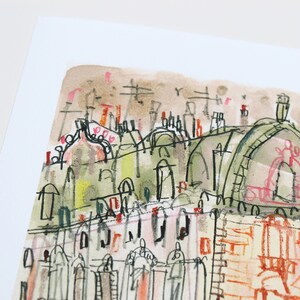 May include: Watercolor painting of a building with a green roof and a pink wall. The building has many windows and a large archway. The painting is done in a loose, expressive style.