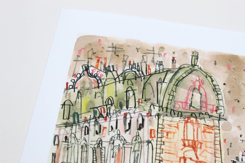 May include: Watercolor painting of a building with a green roof and a pink wall. The building has many windows and a large archway. The painting is done in a loose, expressive style.