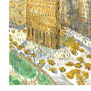 May include: A watercolor painting of a tall building in New York City. The building is yellow and has many windows. There are many yellow taxis parked in the street in front of the building. The painting is signed "The Flatiron Manhattan" and "www.clarecaulfield.co.uk".