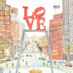 LOVE STATUE Print, Philadelphia Art, 11x14 Wall Decor, Love Park Philly, Skyscraper Buildings, City Painting, Pencil Drawing, USA Watercolor