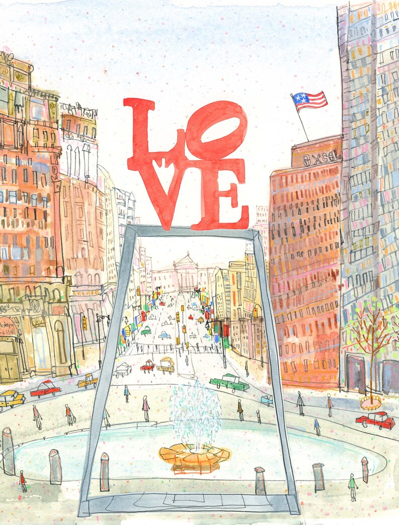 May include: A watercolor painting of a city scene with a large red "LOVE" sculpture in the foreground. The sculpture is in front of a fountain and a street with cars and people. There are buildings in the background, including one with the word "EXCEL" on it.