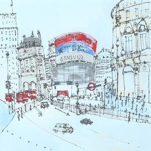 May include: A black and white sketch of a busy city street scene in London, England. The scene features a red double-decker bus, a large building with a Samsung and TDK sign, and a blue sky.