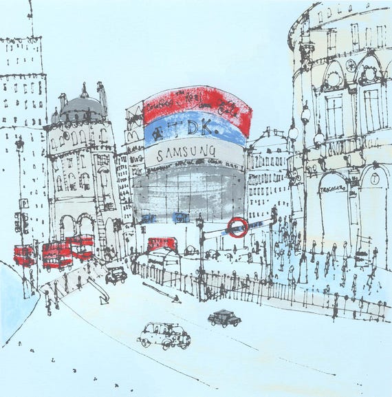 PICCADILLY CIRCUS PRINT, City Painting, London's West End, England City Drawing, Blue Red London Bus, Eros Statue, Clare Caulfield