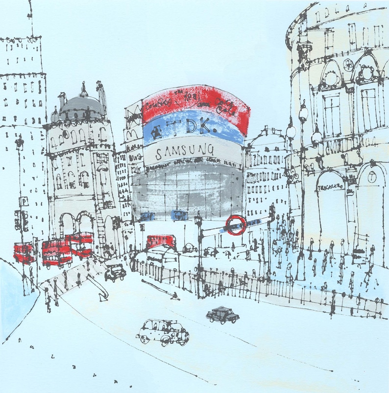 May include: A black and white sketch of a busy city street scene in London, England. The scene features a red double-decker bus, a large building with a Samsung and TDK sign, and a blue sky.