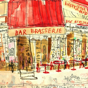 May include: A watercolour painting of a Parisian cafe with a red awning and the words "Bar Brasserie" written in white. The cafe has a sign that says "Grimmbergen" and another sign that says "Buffet Chaud et Froid". There are tables and chairs outside the cafe.