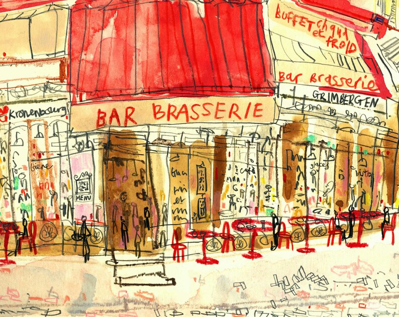 May include: A watercolour painting of a Parisian cafe with a red awning and the words "Bar Brasserie" written in white. The cafe has a sign that says "Grimmbergen" and another sign that says "Buffet Chaud et Froid". There are tables and chairs outside the cafe.